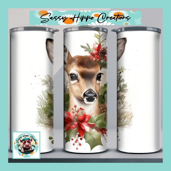 Skinny Tumbler Christmas Deer Holly and Berries Holiday Stainless-Steel 20oz - Picture 1 of 7